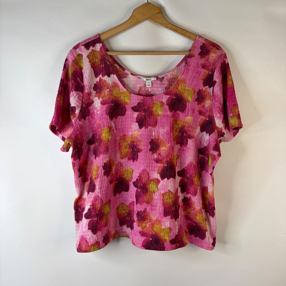 Bar III Blouse Women 2X Pink Floral Crinkle Texture Scoop Neck Short Sleeve Top
